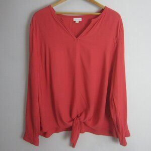 J Jill Womens XL Coral Pink LS Relaxed Rayon Crepe Tunic Front Hem Ties X Large